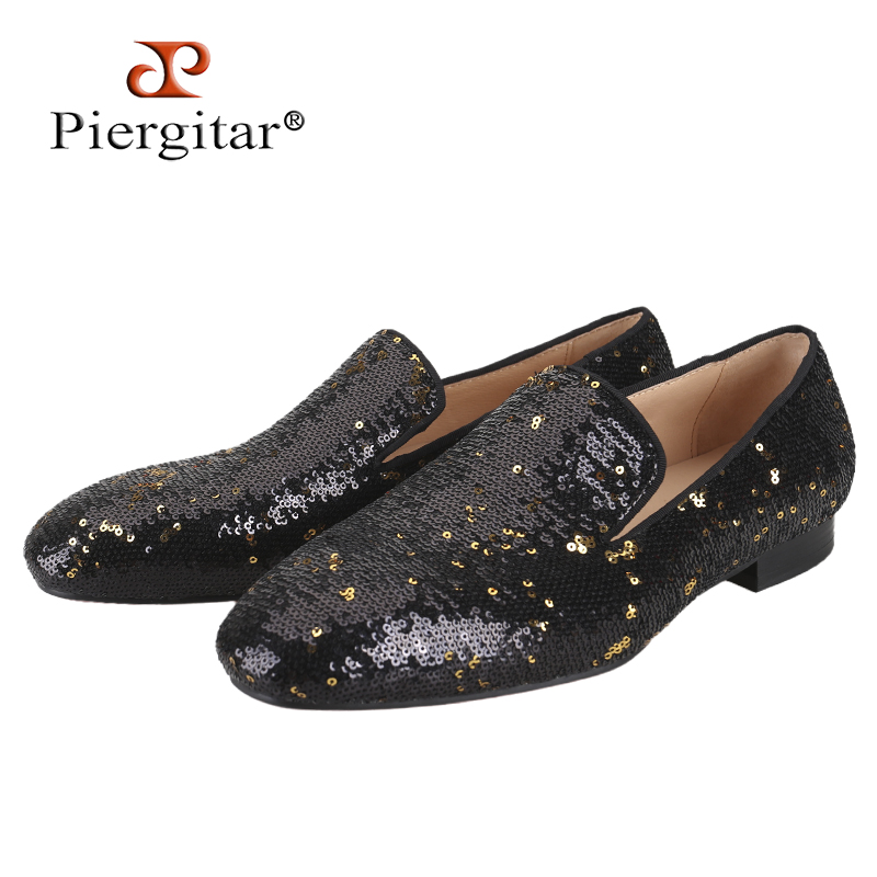 Men Shoes Red Bottom - Piergitar Lüks Siyah ve Altın Payet