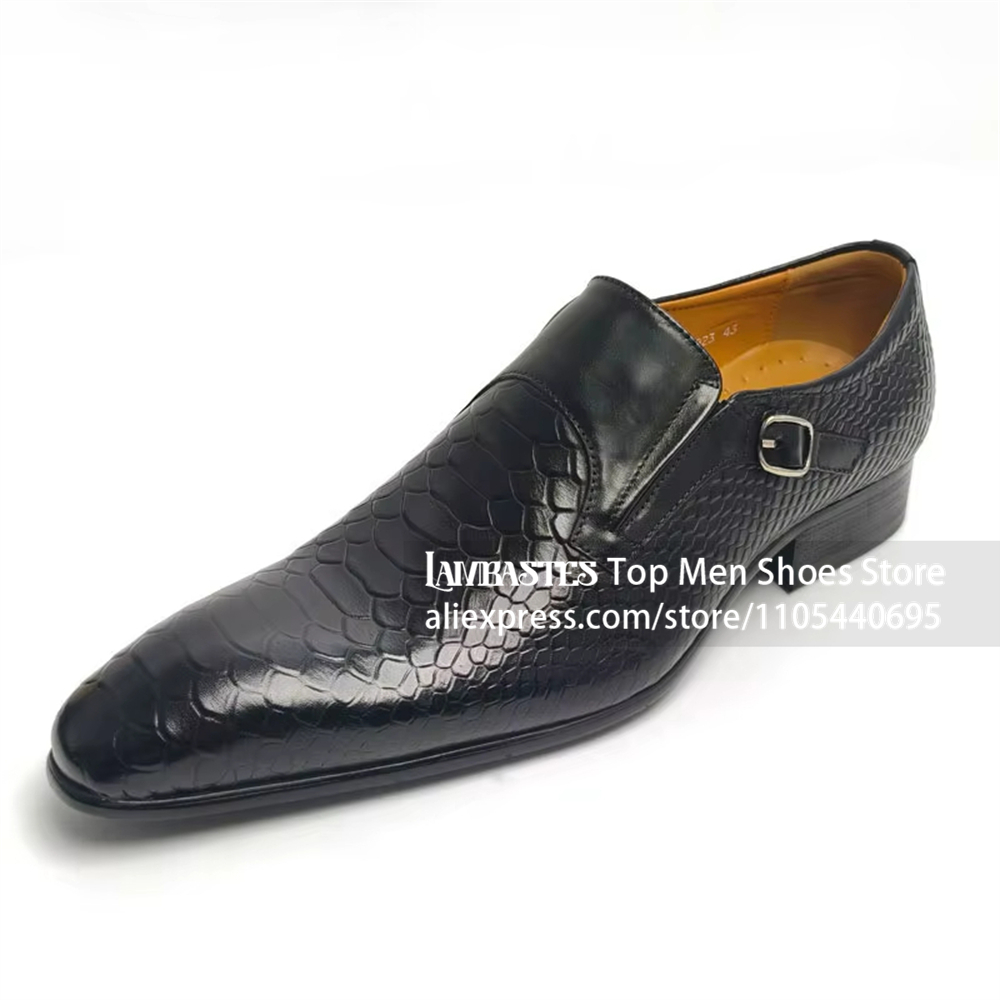 Monk Strap Shoe - Siyah Yılan Derisi Desenli Yan Tokalı